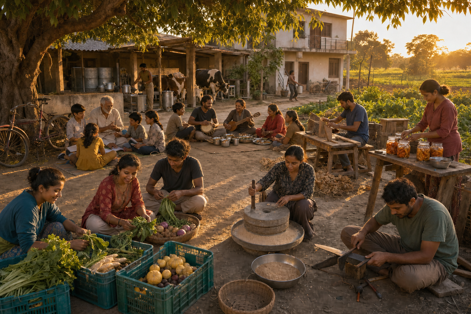 Residents sort produce, mill grain, repair tools, make preserves, teach children and share music in a farm community courtyard.