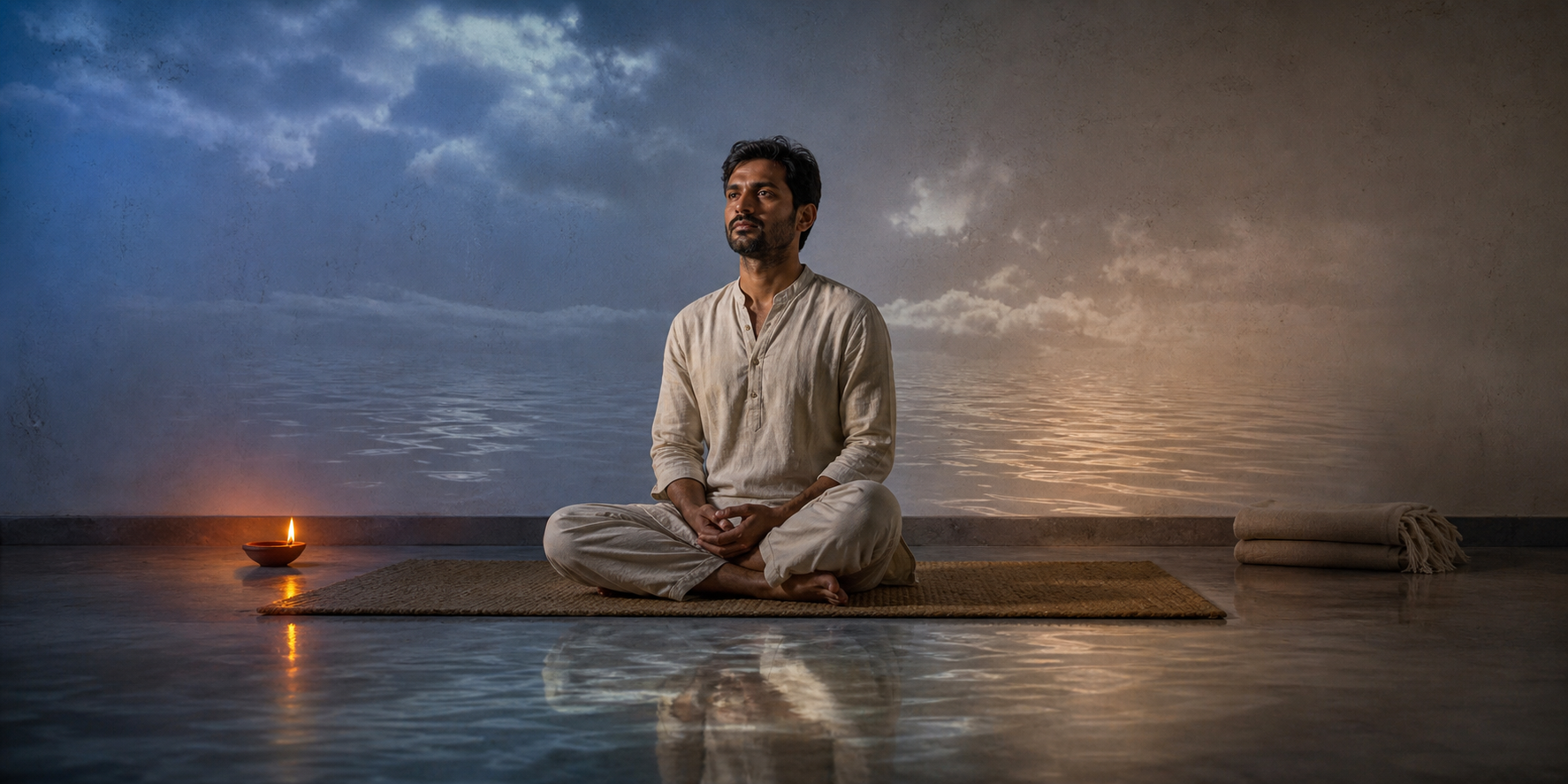 A seated practitioner remains still as cloudlike and waterlike reflections drift across the surrounding wall and floor.