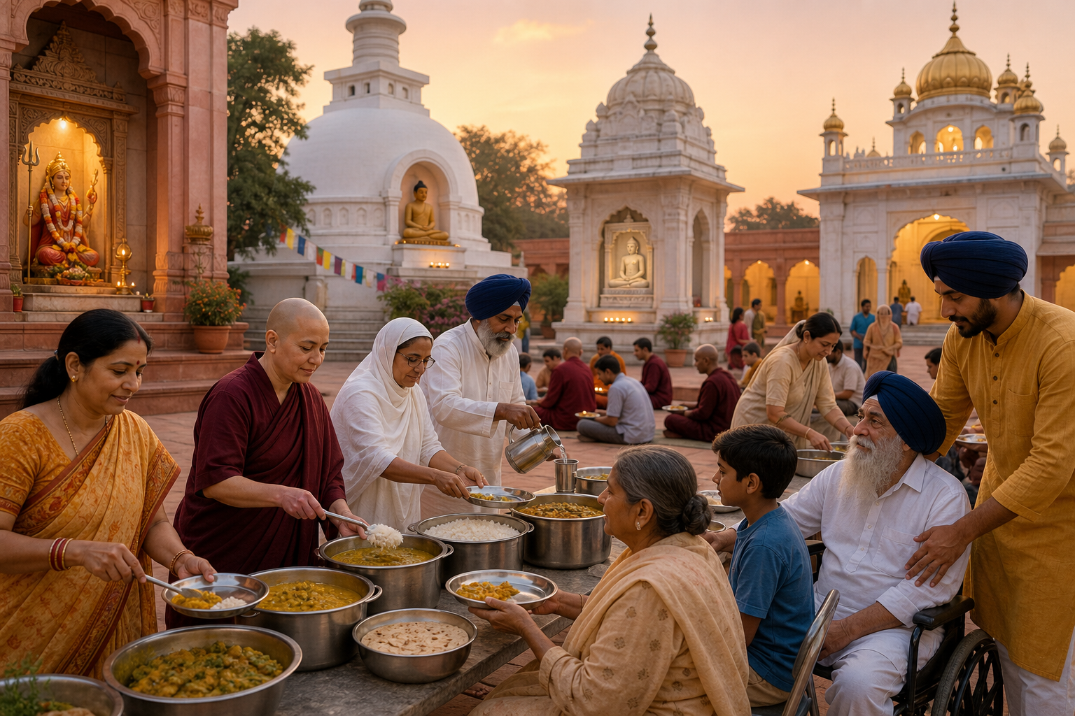 Members of several Dharmic communities serve a vegetarian meal, assist elders, and care for guests together in a courtyard.