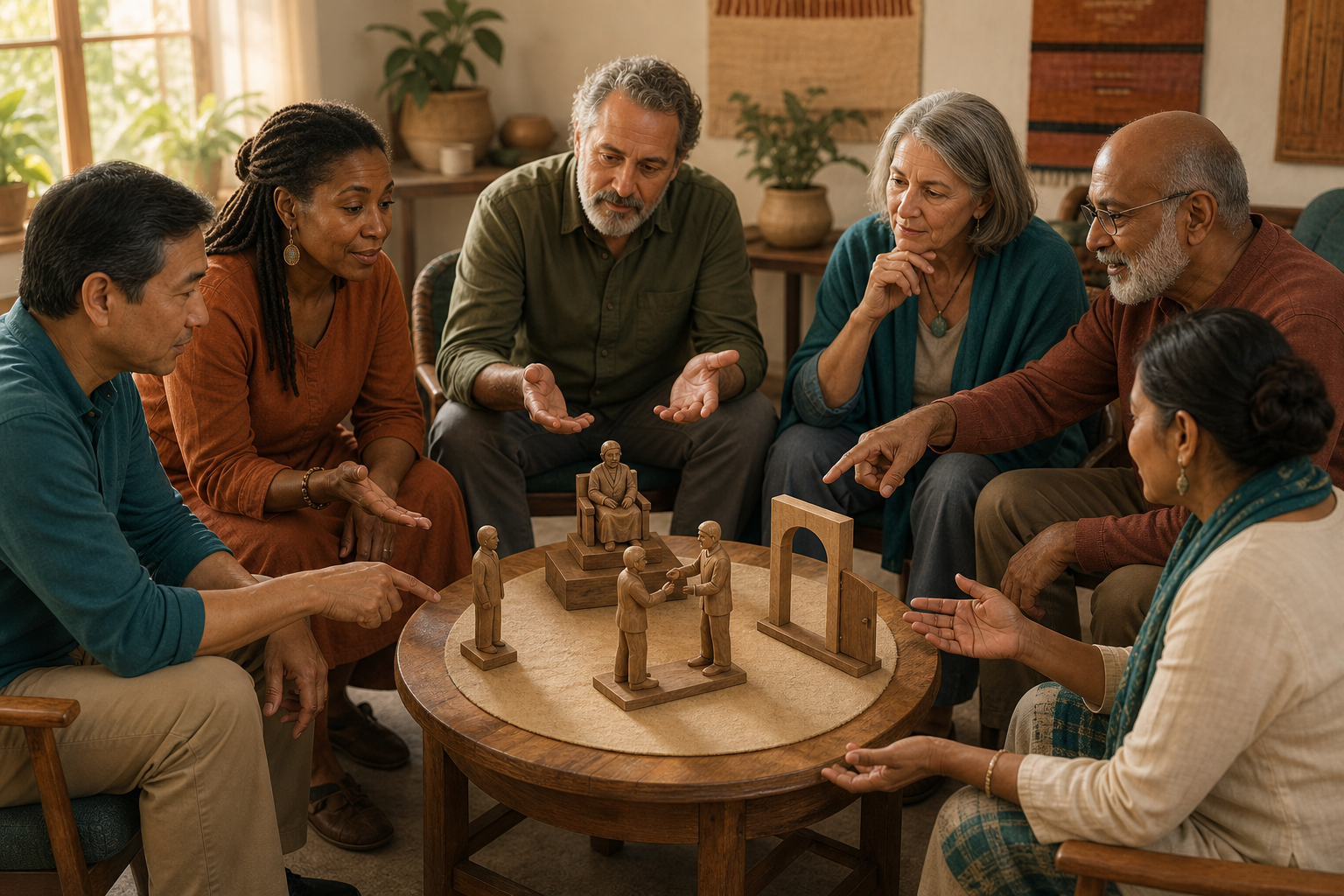 Six adults discuss possible choices around a wordless wooden tableau showing a ruler, relatives, a witness, and an open doorway.