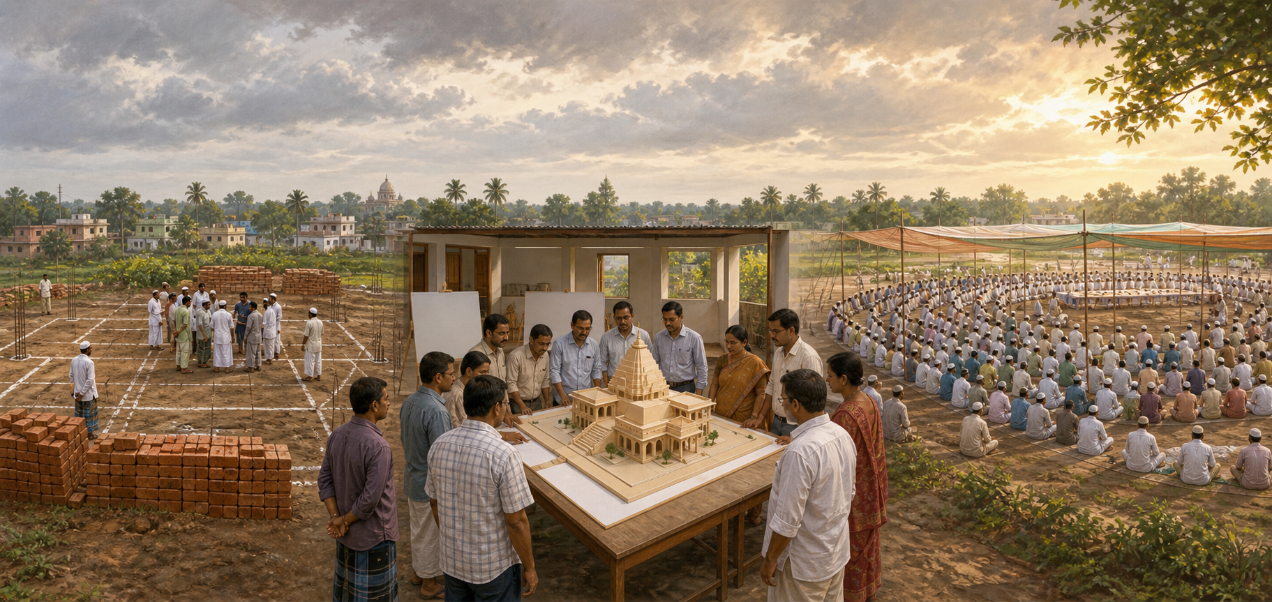 Three separate Bengal scenes show a mosque foundation site, a meeting around a proposed temple model and a large scripture-recitation gathering.