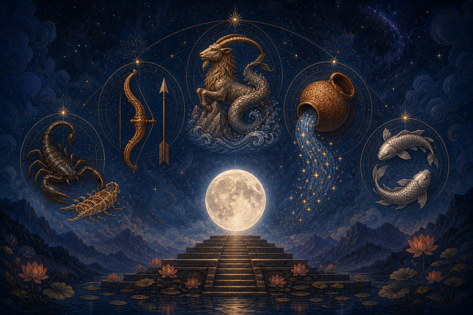 A moonlit celestial scene with a scorpion, bow and arrow, mythical mountain-water creature, pouring vessel, and two circling fish arranged above stone steps.