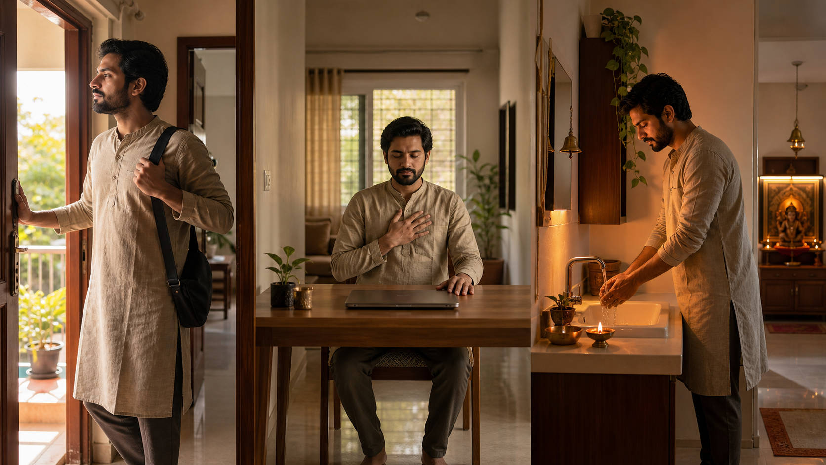 The same person pauses mindfully at a doorway, a work desk, and a home puja space during different parts of the day.