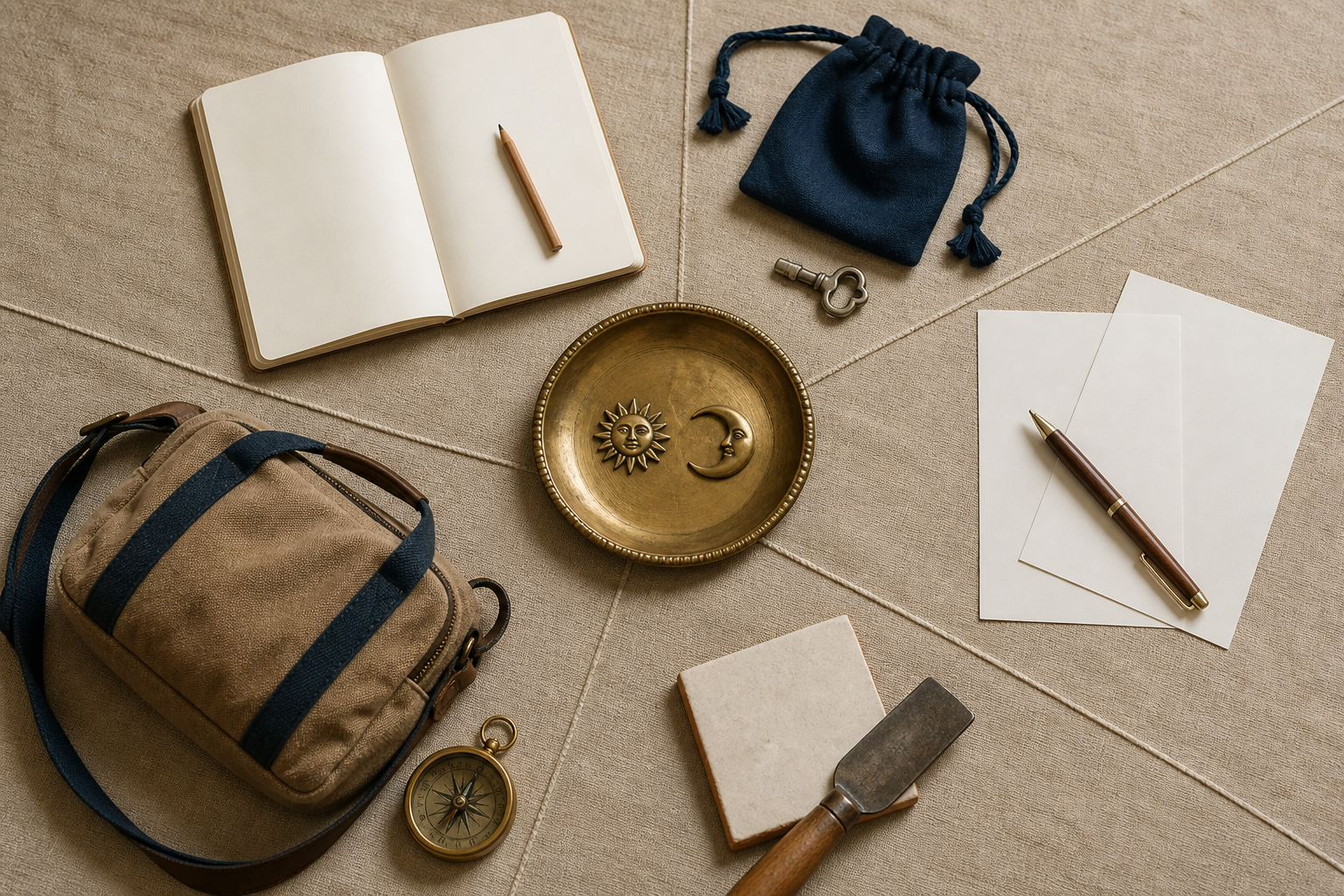 Sun and moon tokens on a brass tray surrounded by objects representing study, a purchase, an agreement, home repairs, and travel.