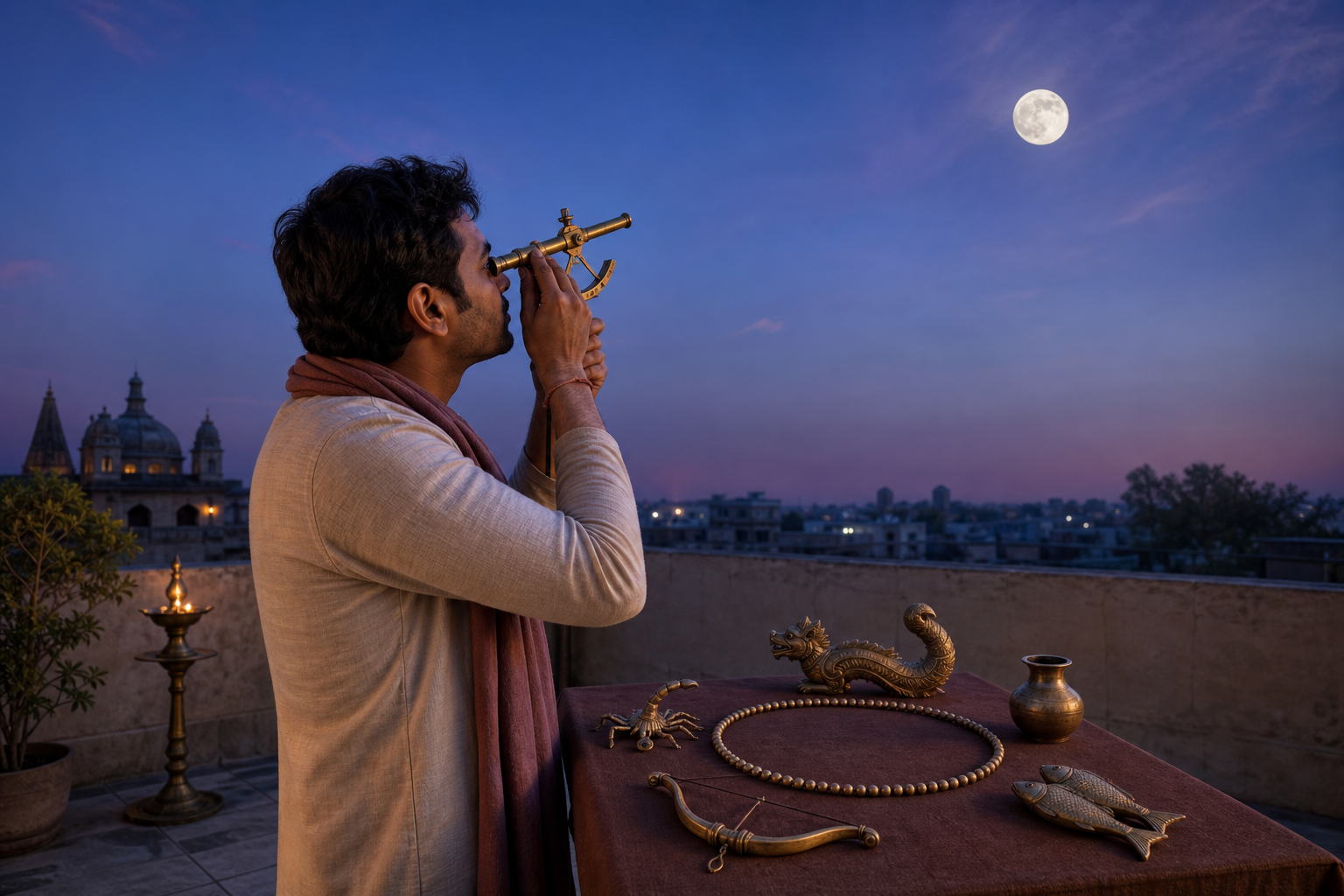 A person observes the moon from a rooftop beside an unmarked circular arrangement containing five zodiac-related objects.