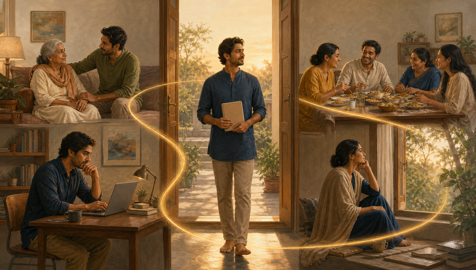 A person stands at a sunlit home threshold surrounded by scenes of family care, focused work, a shared meal and quiet contemplation.