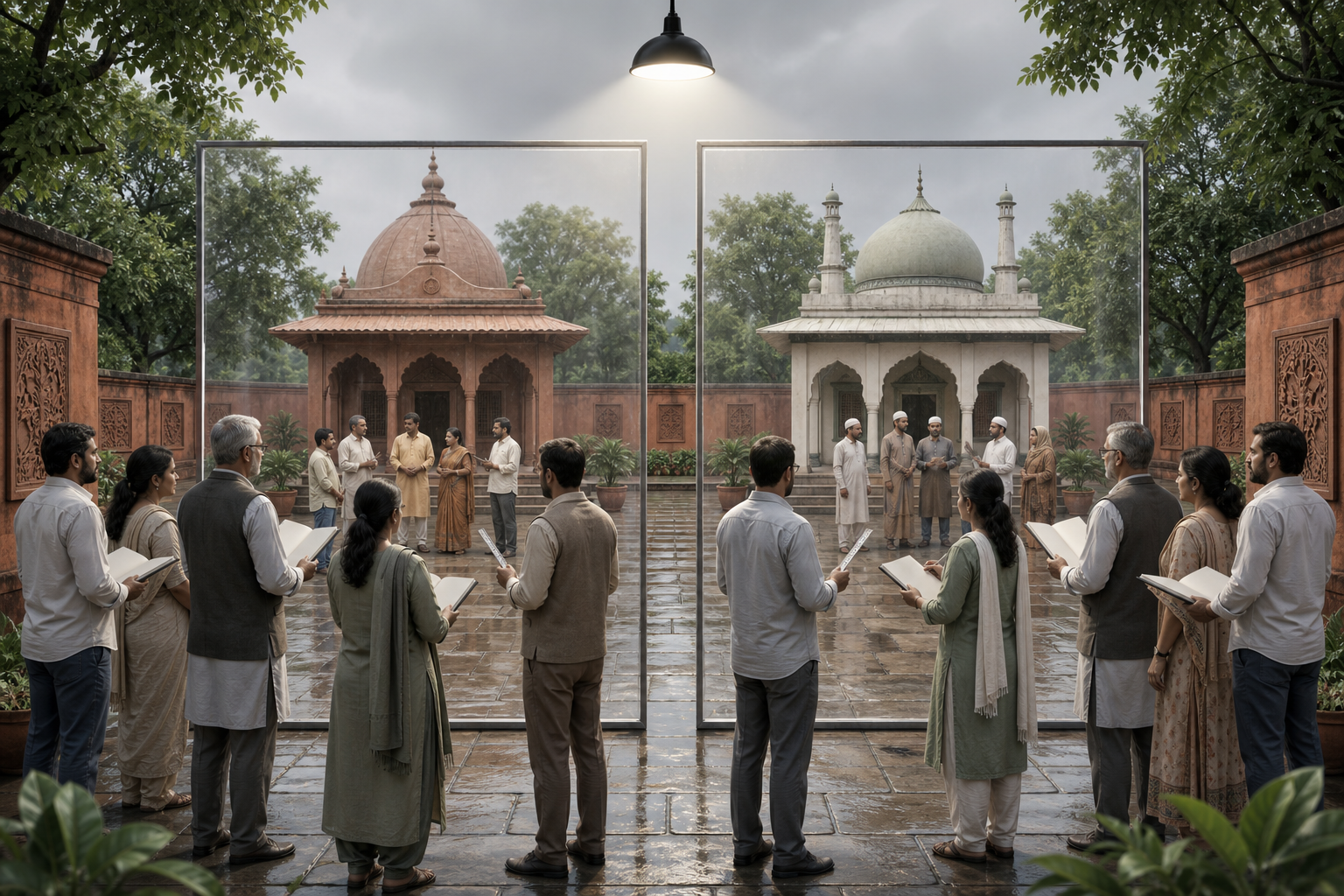 Observers apply the same scrutiny to organizers at temple-inspired and mosque-inspired community sites in a Bengal courtyard.
