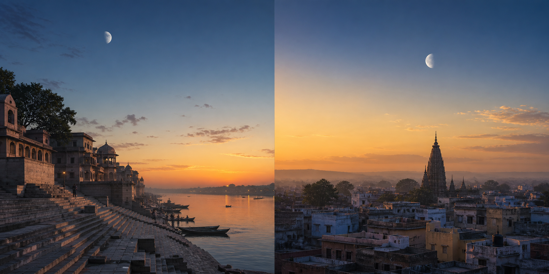 Two Indian city horizons at dawn with the moon at different heights and slightly different sunrise light in each location.