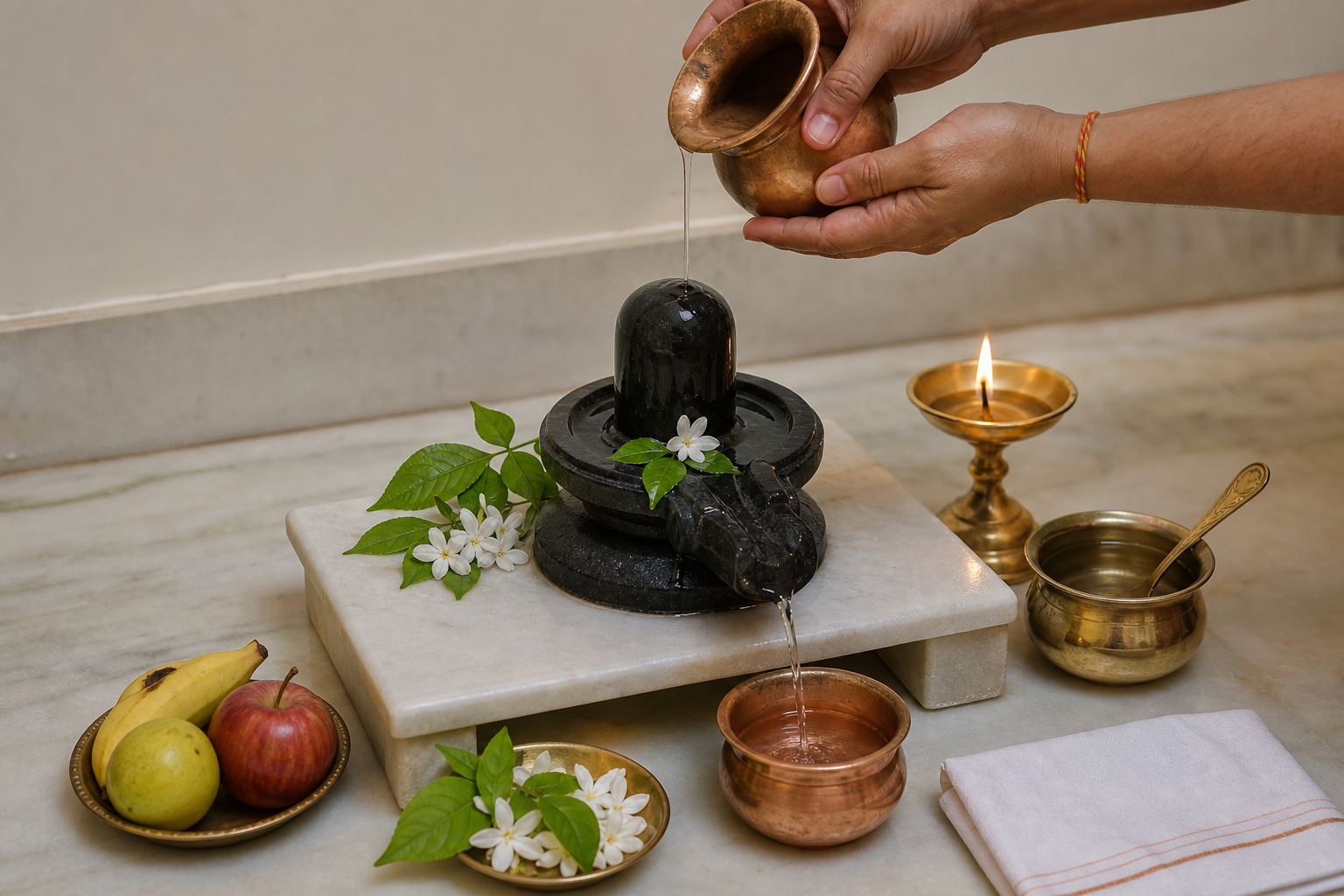 Hands pour water from a copper pot over a Shiva lingam during a simple home puja, with bilva leaves, flowers, fruit, and a lamp arranged nearby.