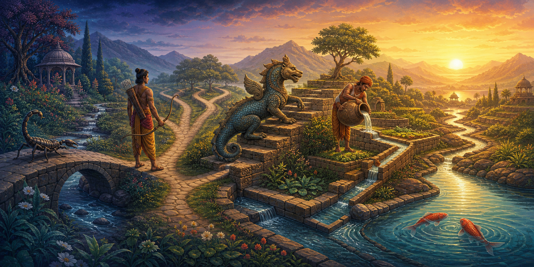 A continuous landscape shows a scorpion crossing a bridge, an archer choosing a path, a mythical creature climbing terraces, a person guiding water, and two fish entering a calm pool.