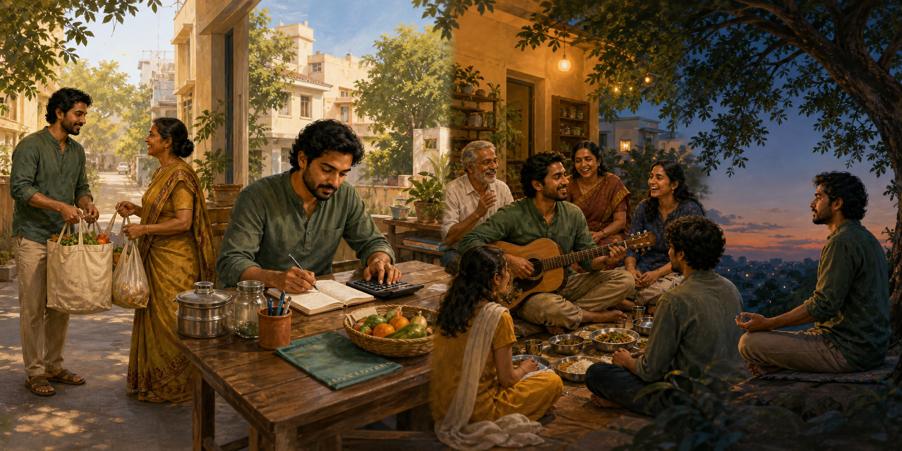 Four connected scenes show a person helping a neighbor, working at a desk, enjoying a family meal and meditating beneath a tree.