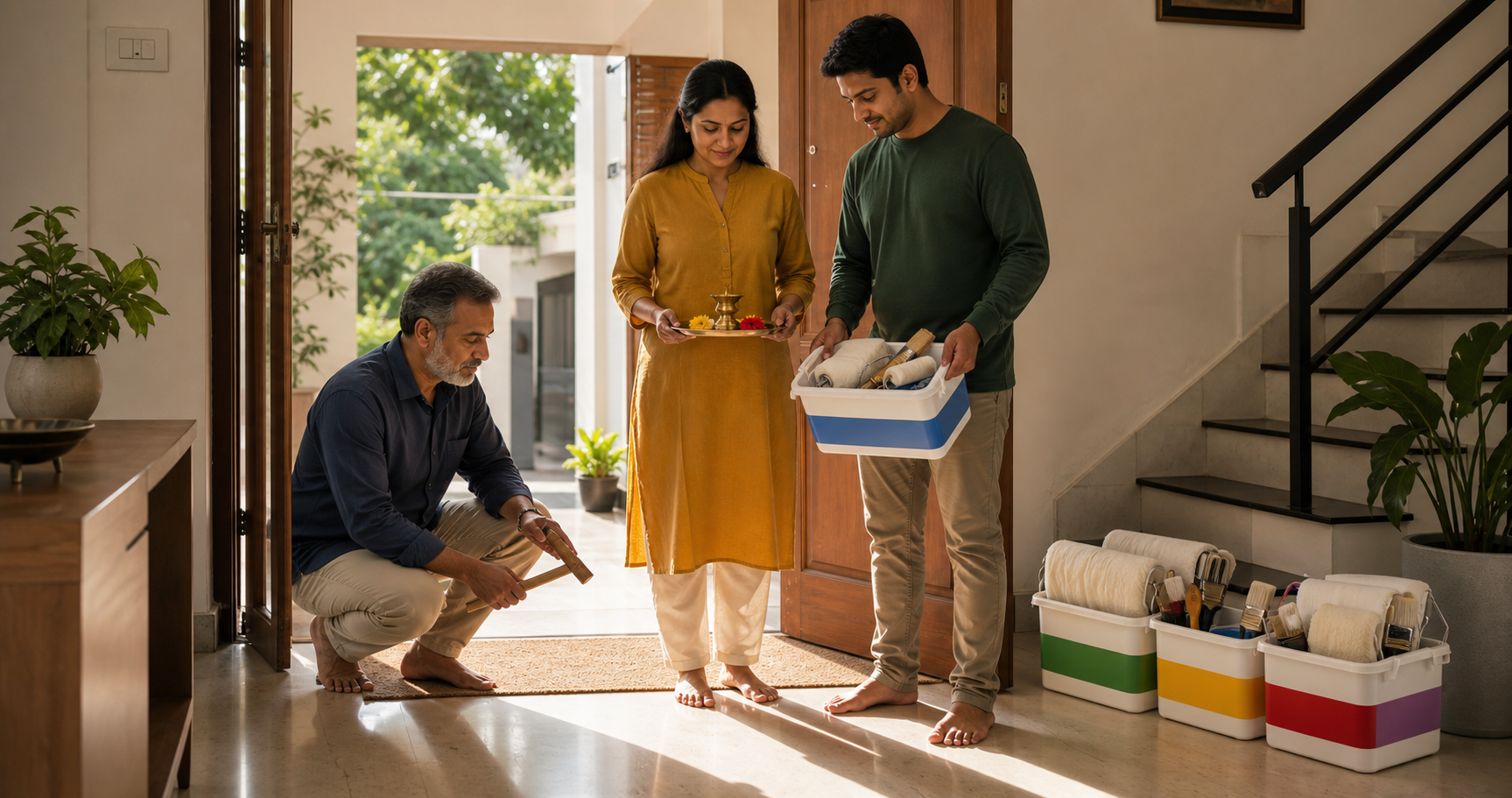 A family stands in a home entryway with a lamp, flowers, tools, and organized supplies, ready to begin a repair project in the morning light.