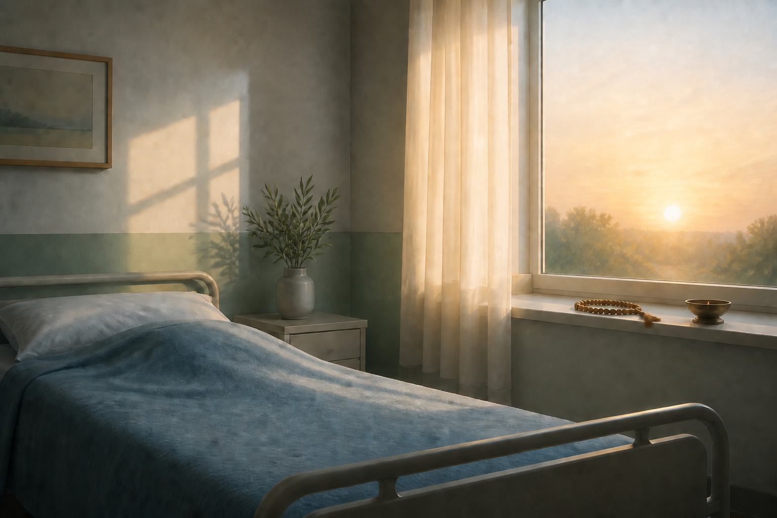 A softly lit hospital room at dawn with prayer beads and a brass lamp on the windowsill beside a bed.