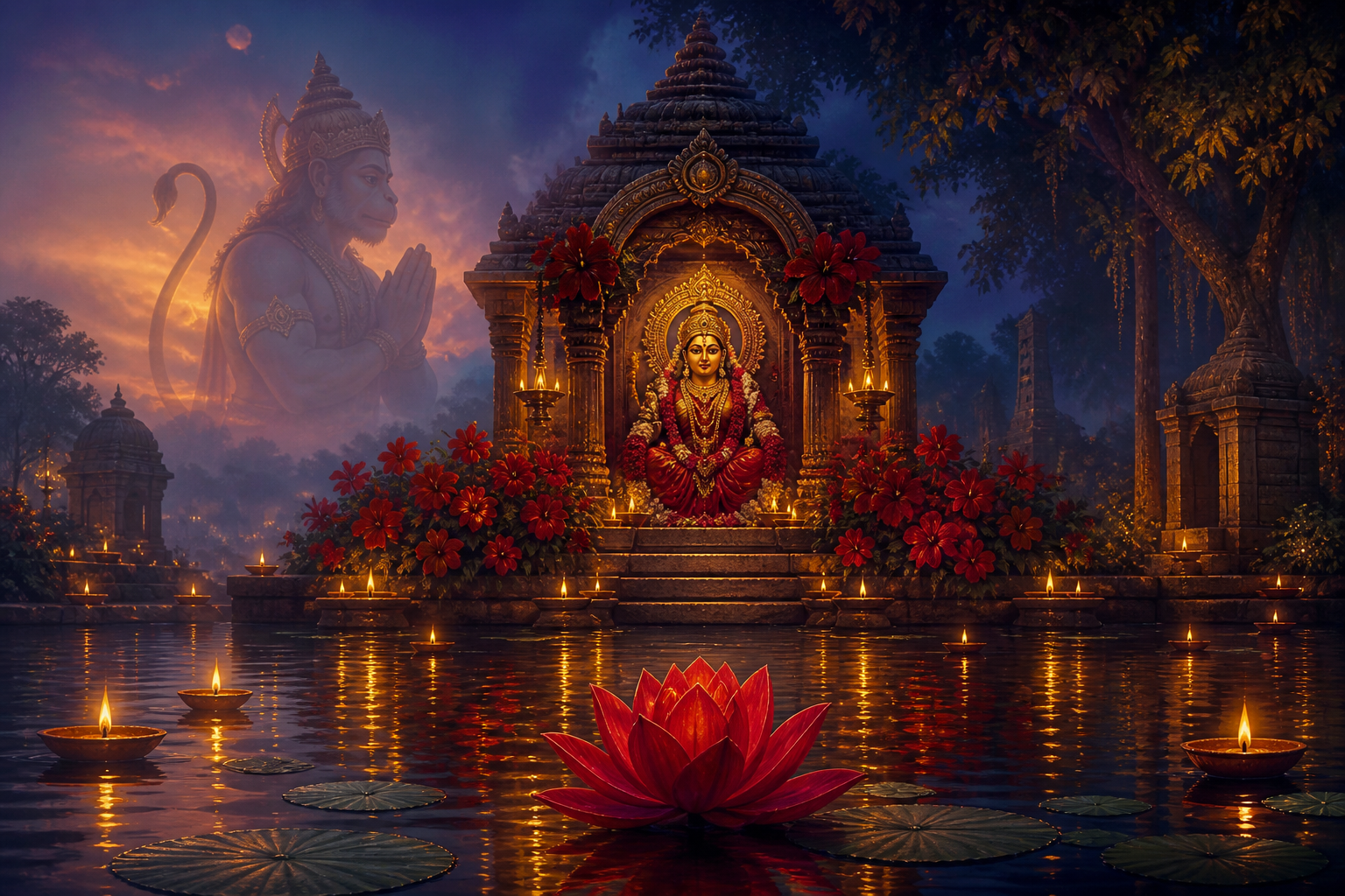 Layered devotional illustration with a sacred pond, a shrine of the Divine Mother, and Hanuman shown in the background.