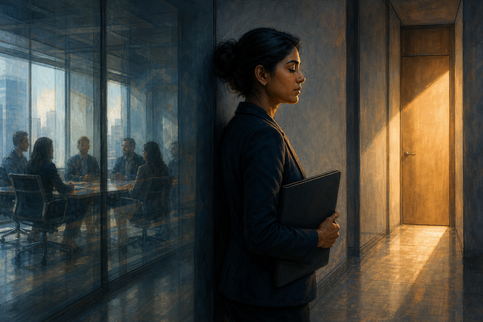 A professional holding a closed folder pauses outside a meeting room while colleagues wait at a table beyond the glass.