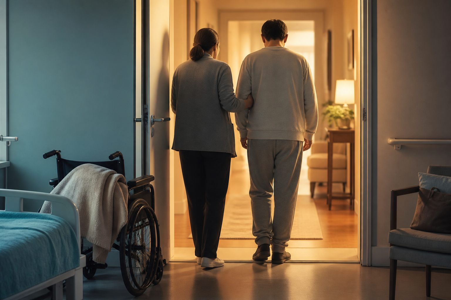 A recovering adult and a companion move through a hospital doorway, with a wheelchair nearby suggesting continued care.