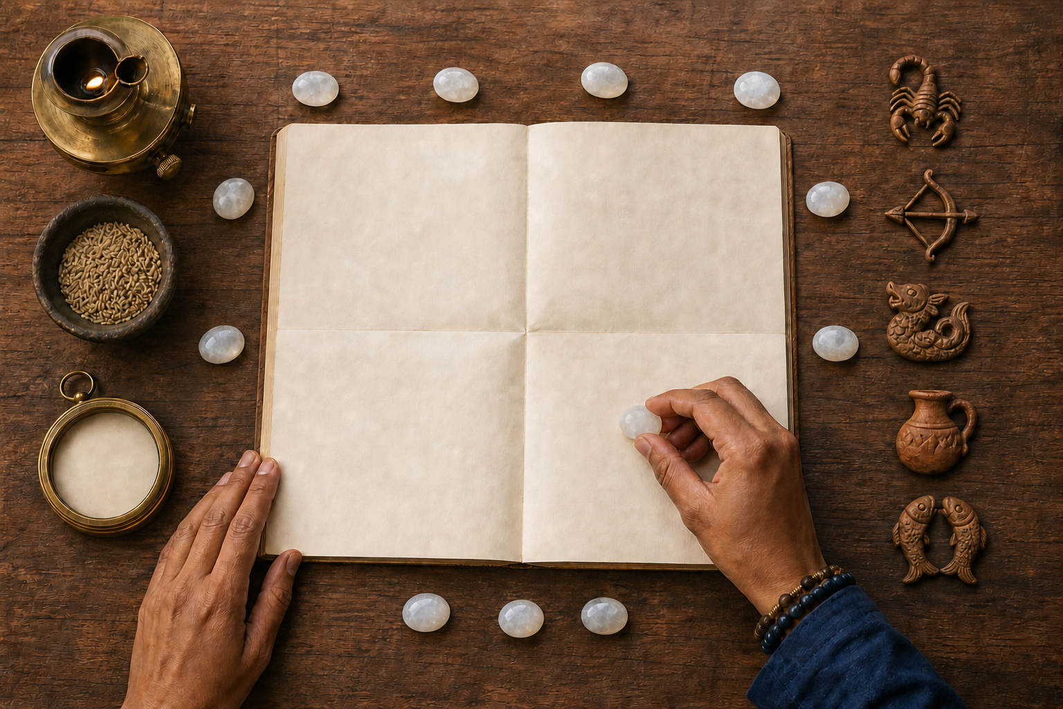 Hands arrange moonstone markers around a blank journal beside a compass, seeds, an oil lamp, and five zodiac-inspired tokens.