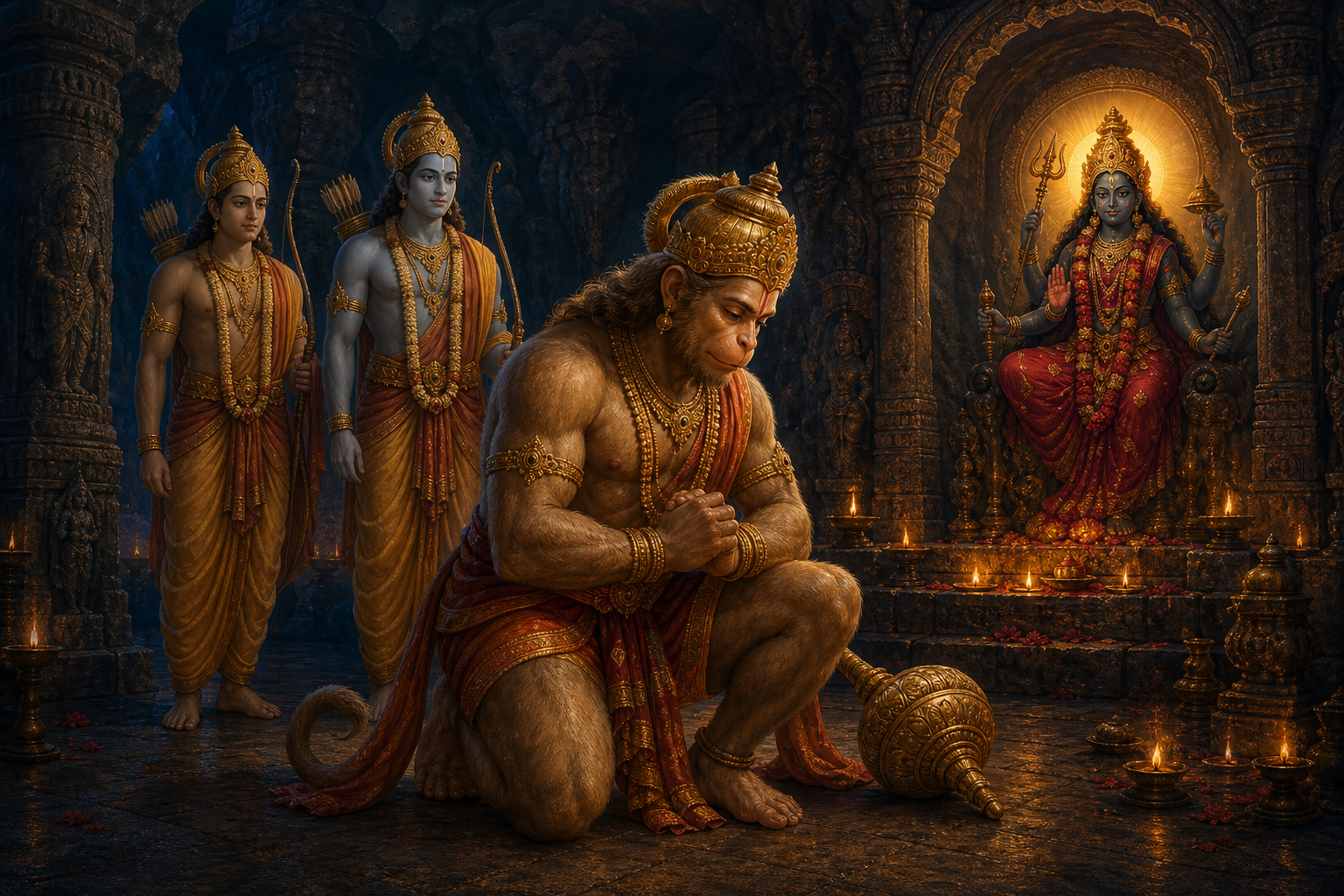Mythological illustration of Hanuman kneeling in a lamp-lit subterranean shrine while Rama and Lakshmana stand behind him.