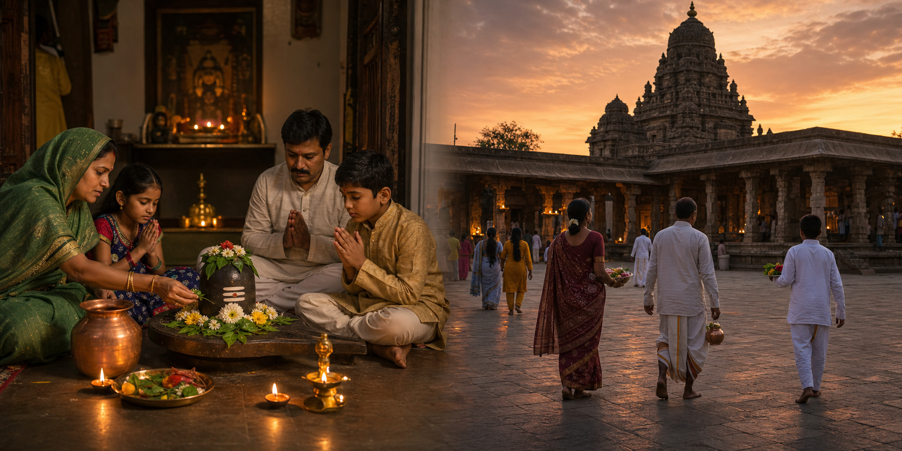 A paired scene shows a family worshipping a Shiva linga at home and pilgrims entering a stone Shaiva temple courtyard.