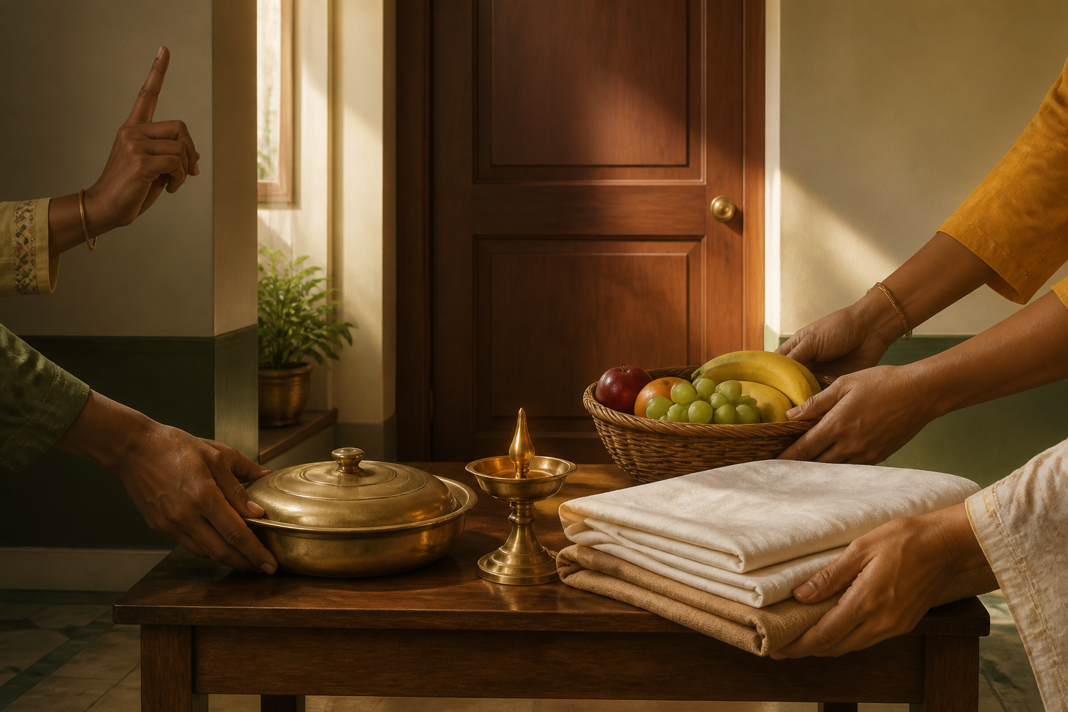 Community members quietly leave a covered meal, fruit, fresh linens, and a brass lamp outside a closed resting-room door.