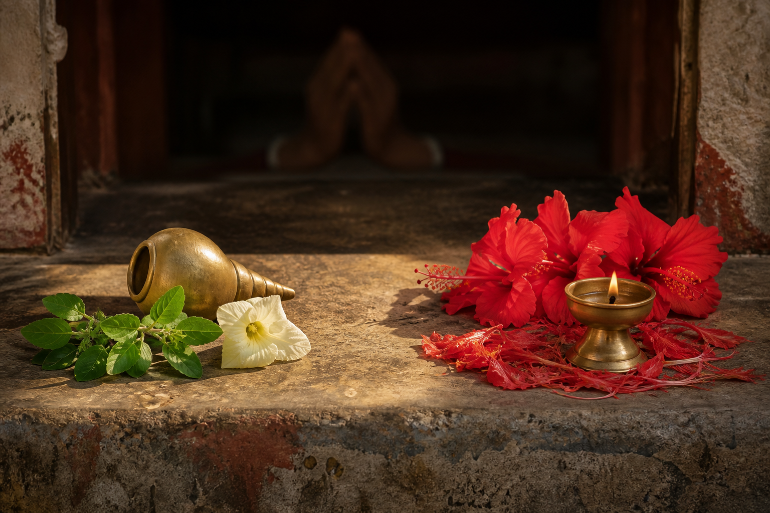 Conch and tulsi leaves arranged beside red hibiscus flowers and a brass lamp on a temple threshold.