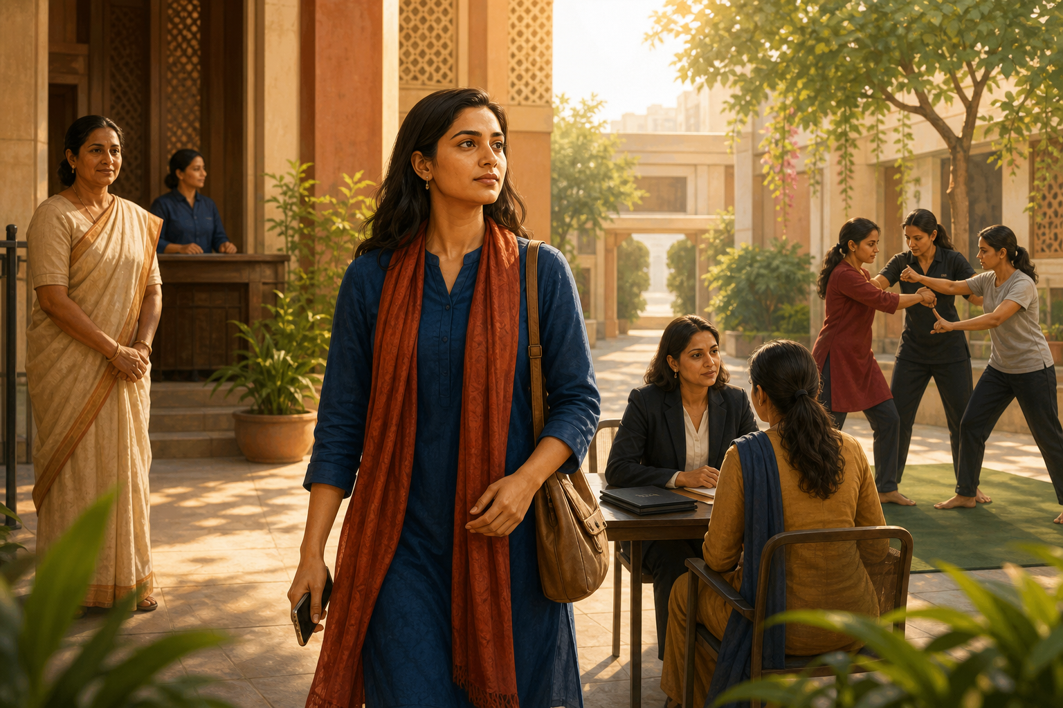 An Indian woman stands in a sunlit civic courtyard near a trusted companion, a legal consultation, and women practicing escape-focused self-protection.