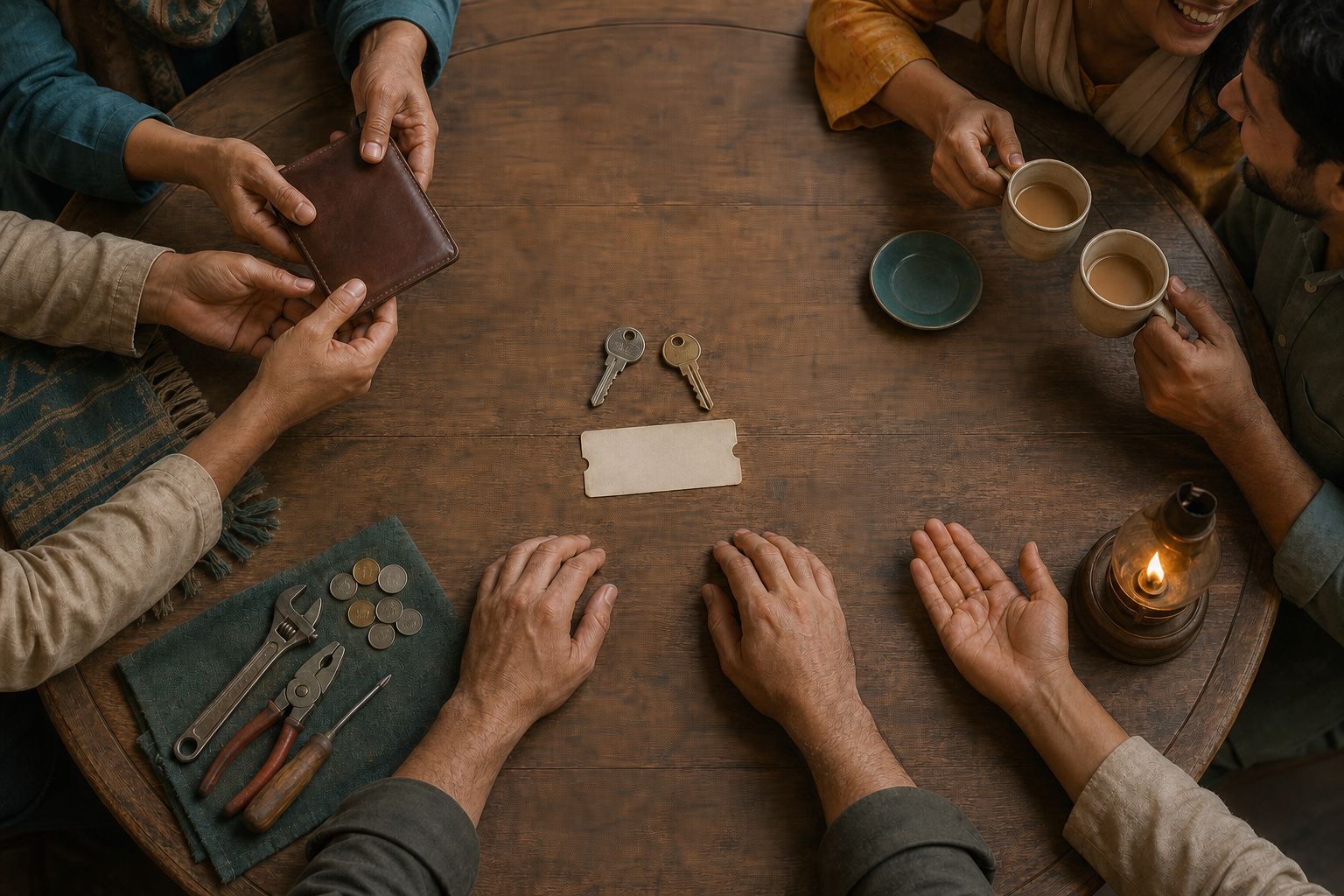 A pair of hands rests beside keys on a round table surrounded by scenes of returning a wallet, managing money, sharing tea and releasing an open palm.