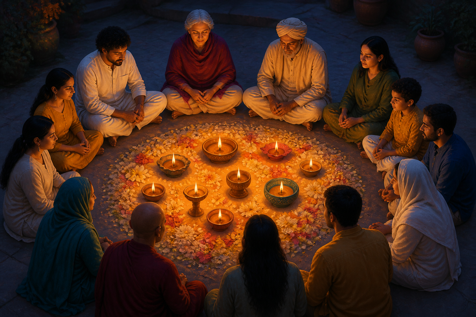 A diverse group sits in a circle around differently shaped oil lamps and flower petals glowing in a shared pool of light.