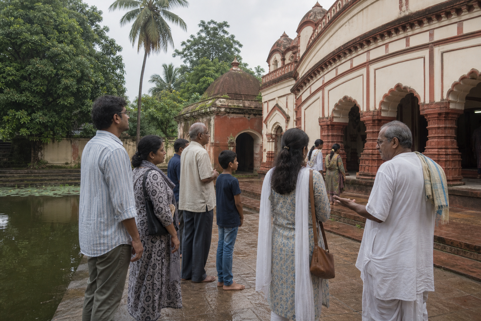 Pilgrims pause near a pond-side Bengali temple while an attendant gestures toward the shrine.