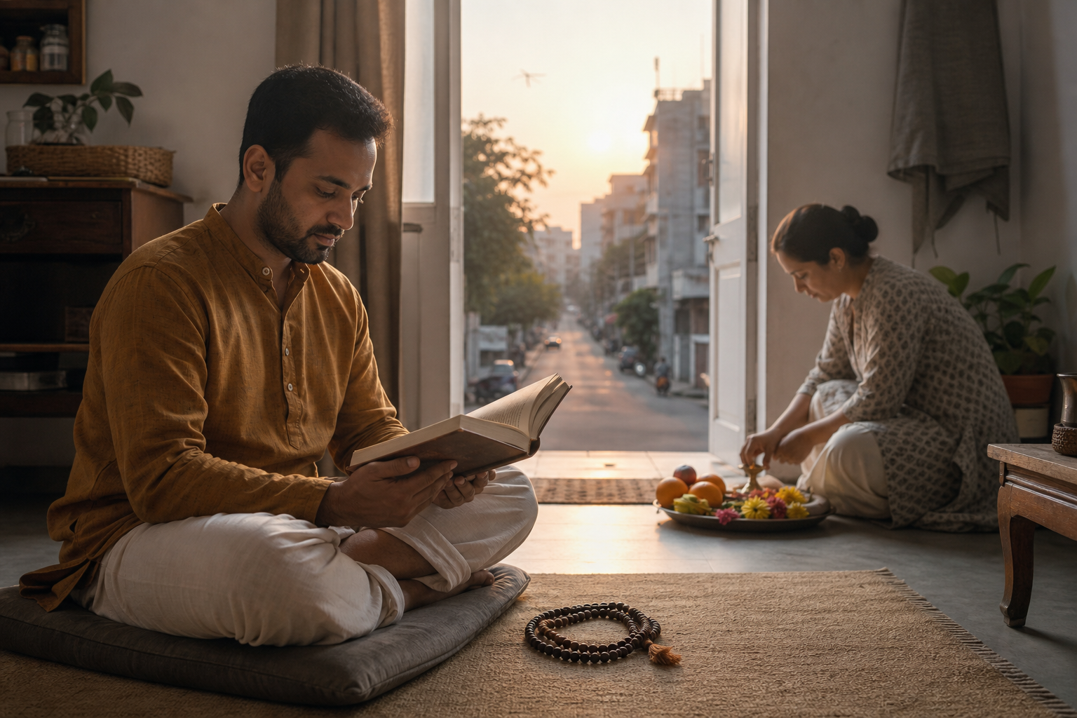 A person reads a sacred book beside wooden prayer beads at dawn while a family member prepares fruit and flowers in the background.