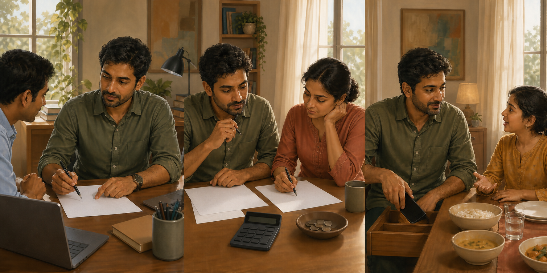 The same person collaborates with a coworker, reviews household finances with a partner and listens to a family member at dinner.