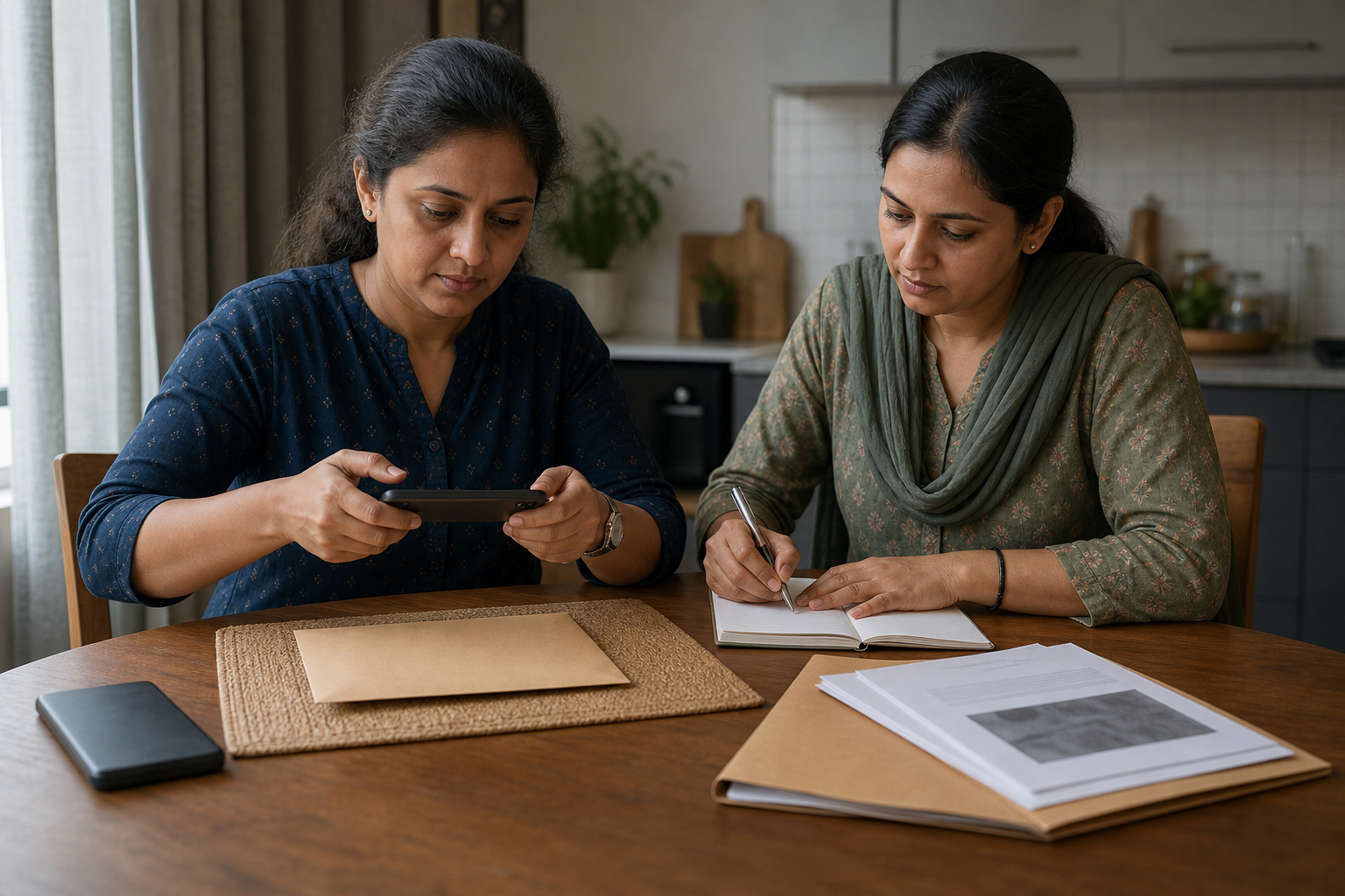 Two women at a private table organize printouts, photograph an envelope, and make notes to preserve a record of an incident.