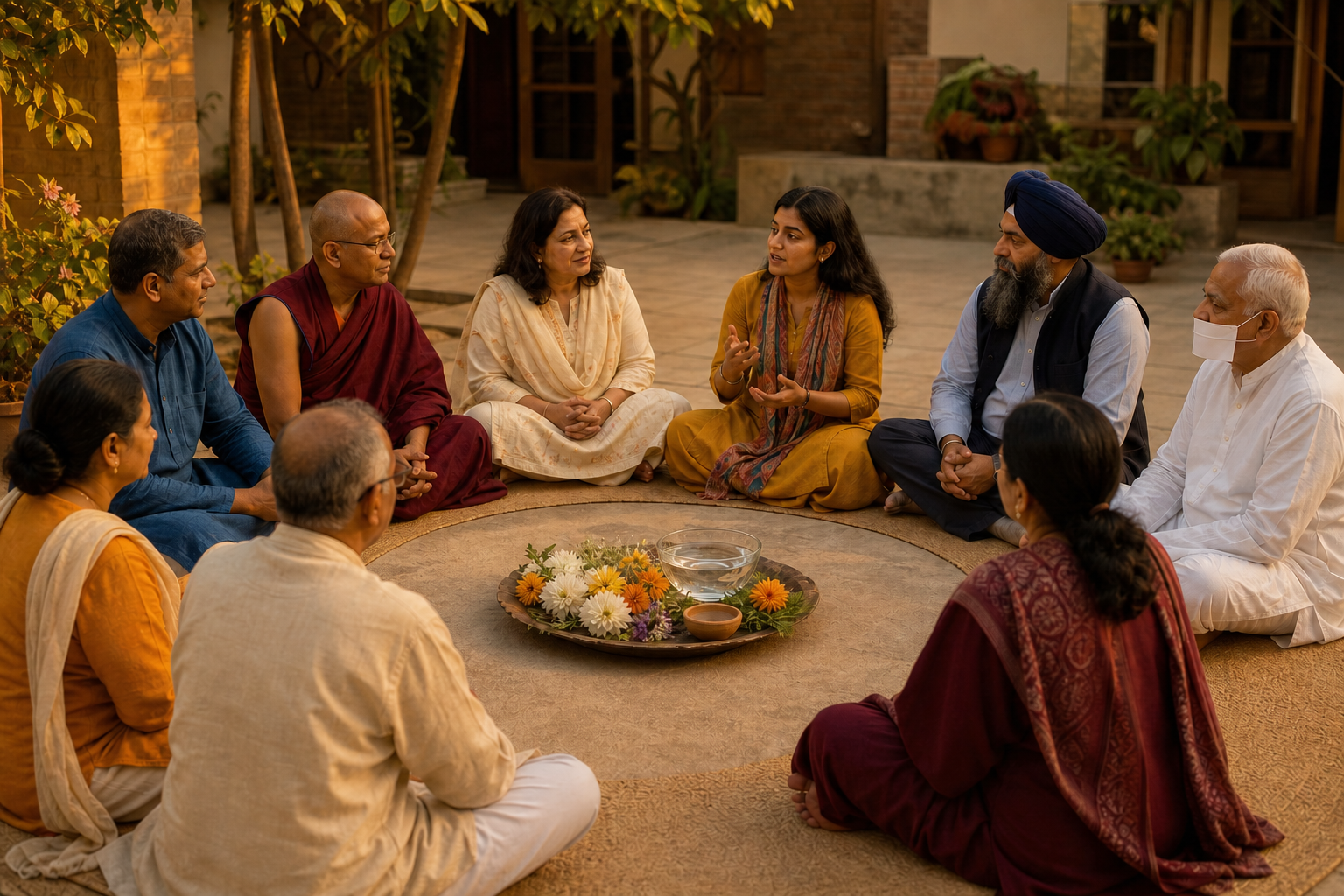Hindu, Buddhist, Jain and Sikh participants sit in a circle during a respectful community gathering in a courtyard.