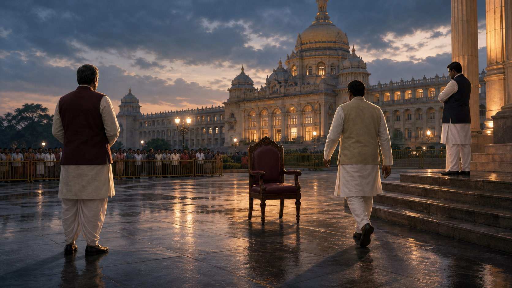 Three anonymous political figures stand apart near a government building as citizens watch from a public plaza at dusk.