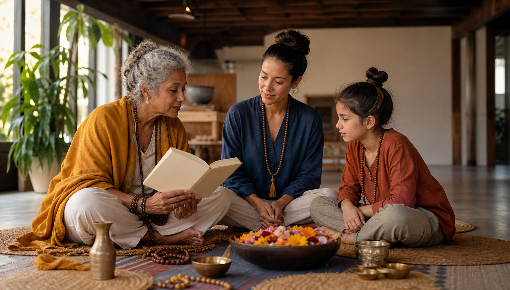Adults and children from three generations sit in a circle listening as one practitioner reads from an unmarked book.