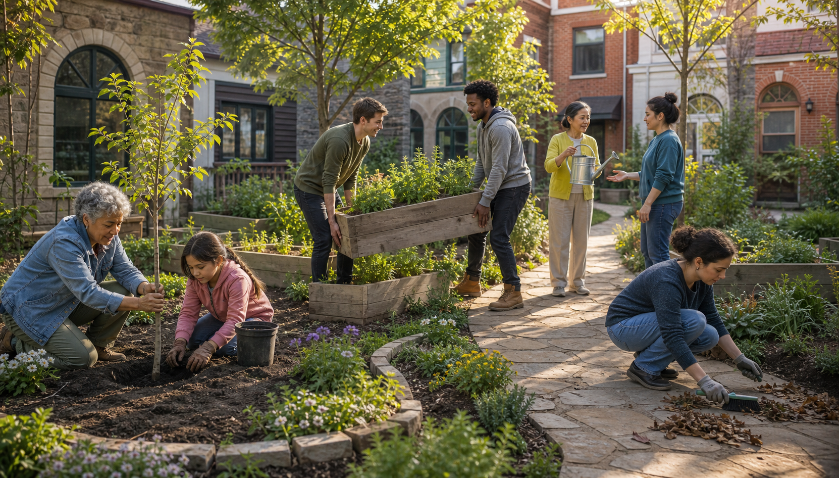 Four groups of adults and children cooperate to plant and water saplings in a shared community garden.