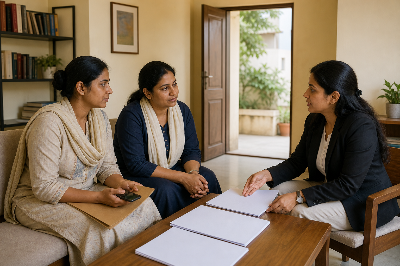 A woman and her support person consult a female lawyer across a desk with unmarked documents in a daylight-filled legal-aid office.