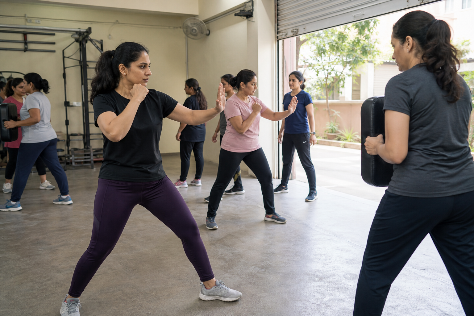 Women in a community gym practice an open-hand protective stance and a sideways escape movement under a female instructor's guidance.
