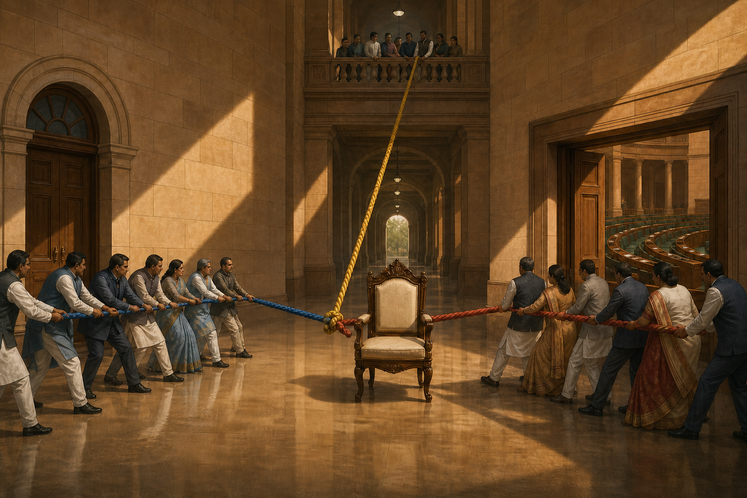 Three groups in a government corridor pull separate strands of a knotted cord toward a central chair.