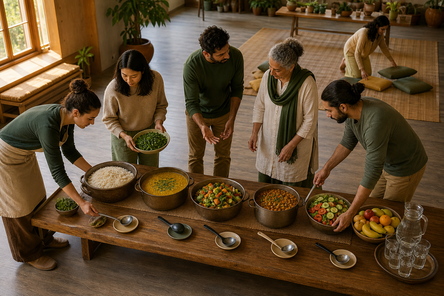 Volunteers arrange separate serving dishes and utensils for a vegetarian community meal in a bright hall.