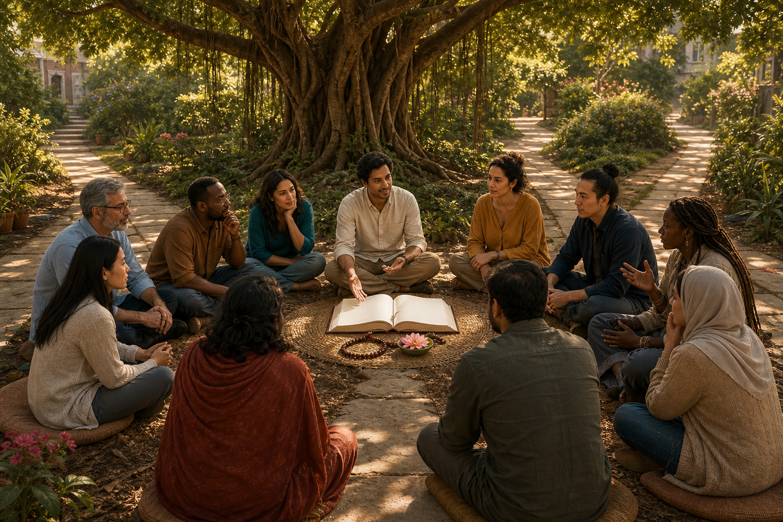 A culturally diverse group studies an open book with a teacher beneath a large tree in an urban garden.
