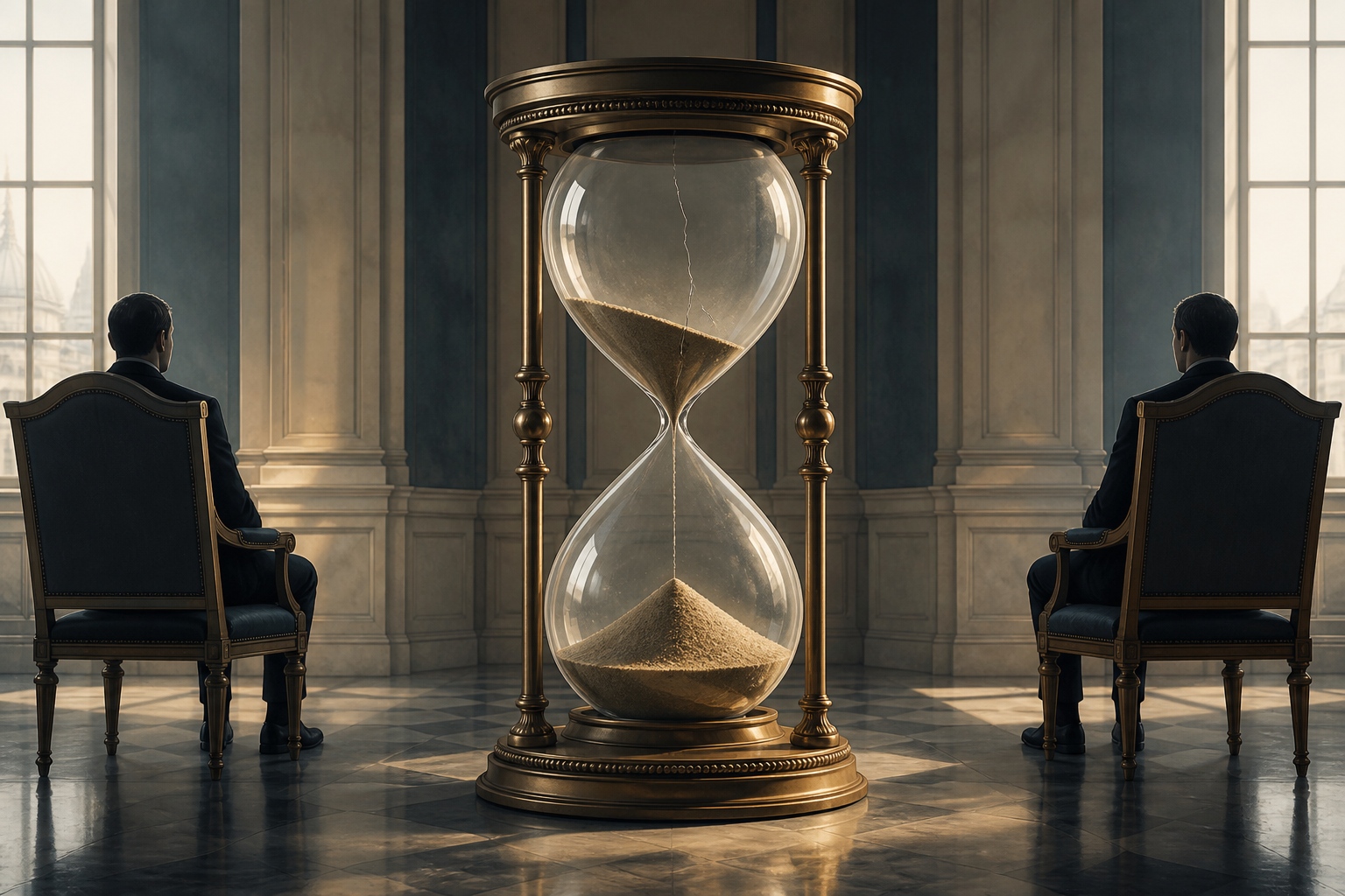 Two anonymous political figures wait on opposite sides of a cracked hourglass positioned between two official chairs.