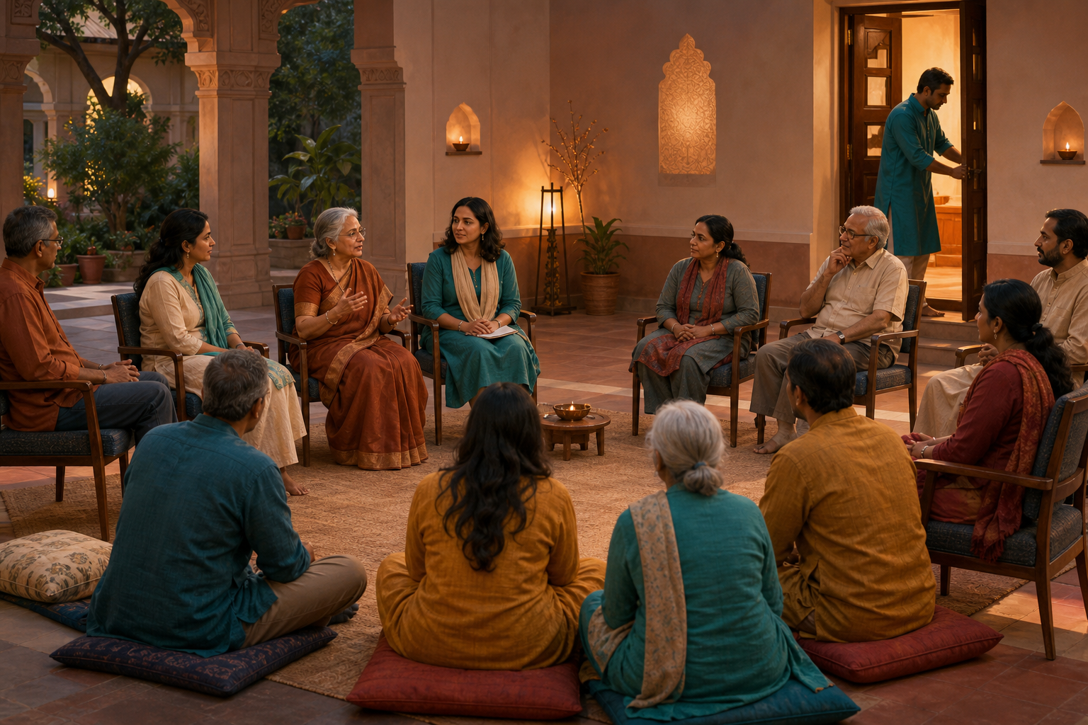 Women and men hold an equal-circle community meeting in a temple-adjacent hall while an organizer checks a well-lit entrance.