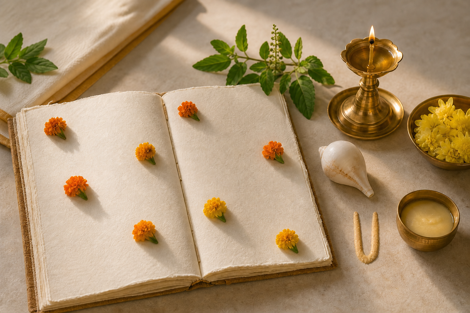 Blank open planner with eight flower markers beside a brass lamp, tulsi leaves, conch shell, and offerings for Vishnu worship.