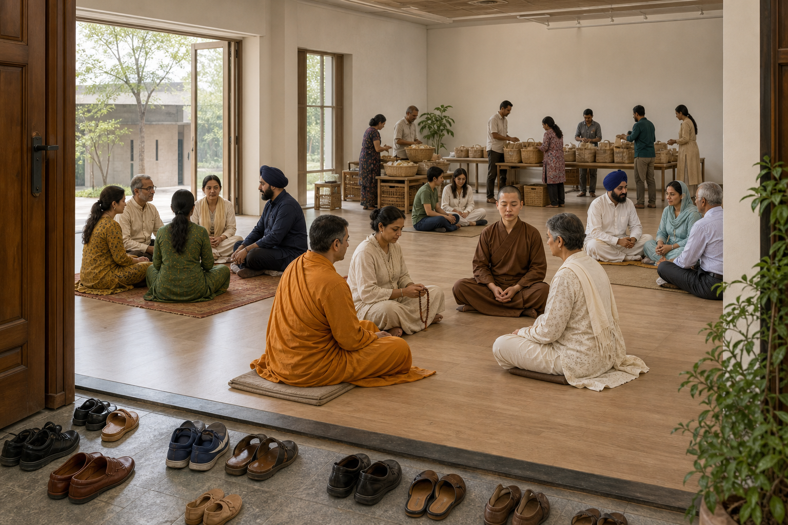 Participants move from arrival to separate reflection circles and a shared food-packing activity in a community hall.