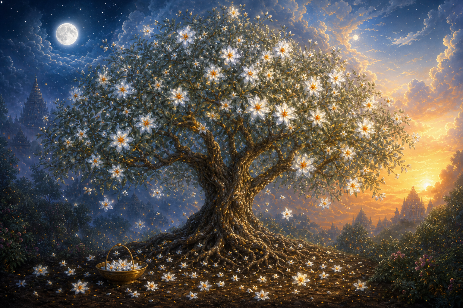 A luminous Parijata tree bridges a celestial sky and an earthly dawn garden as white flowers with orange centers fall around its roots.