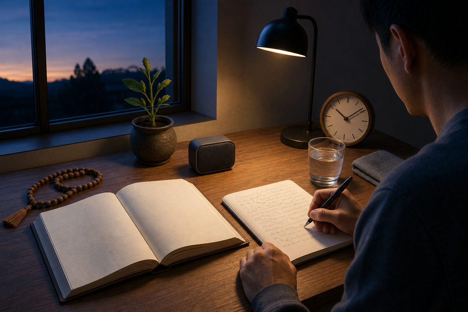 A person listens beside an open book and takes notes at a wooden desk before sunrise, with prayer beads and a clock nearby.