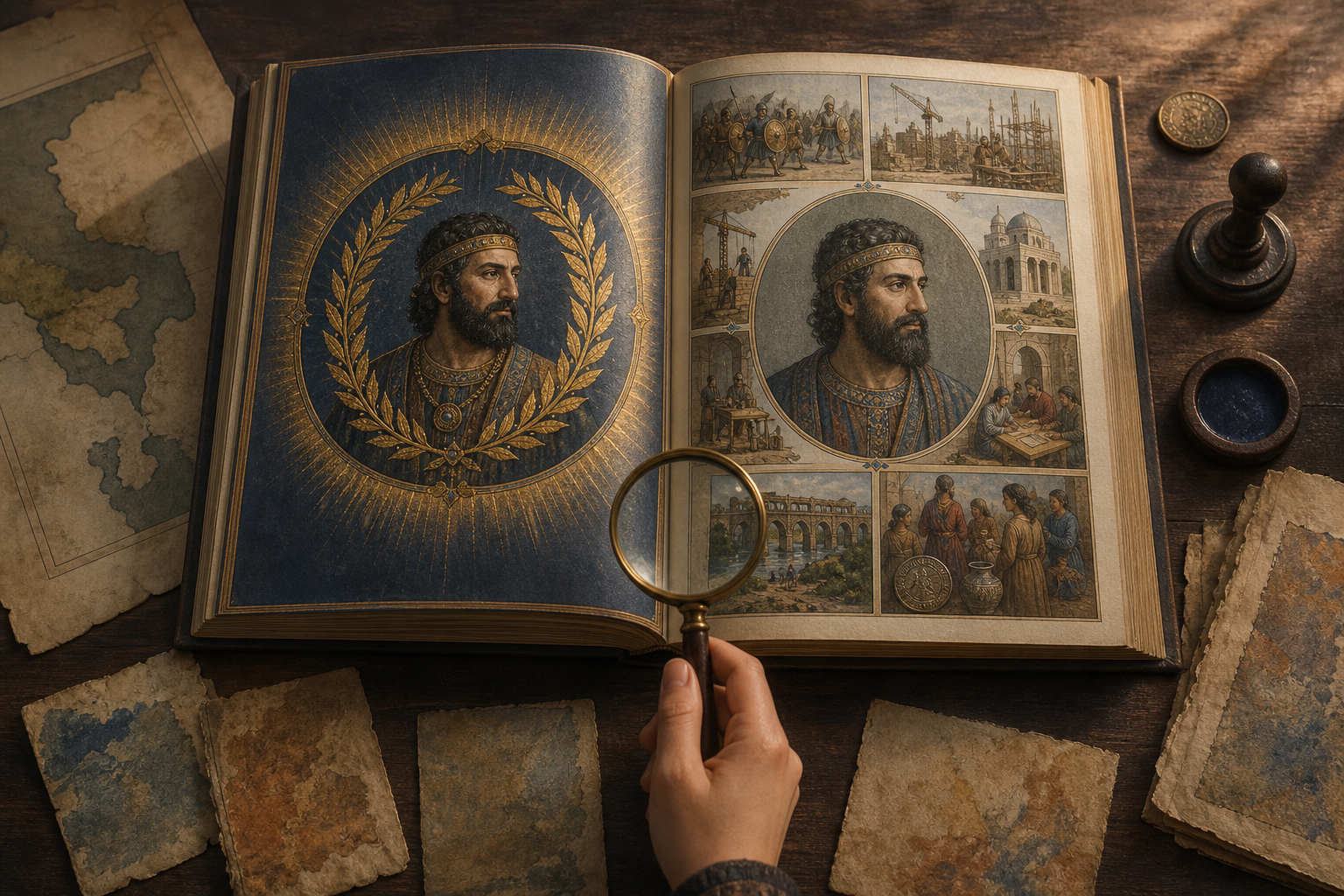 An open history textbook contrasts an idealized golden portrait of a ruler with an evidence-based portrayal examined through a magnifying glass.