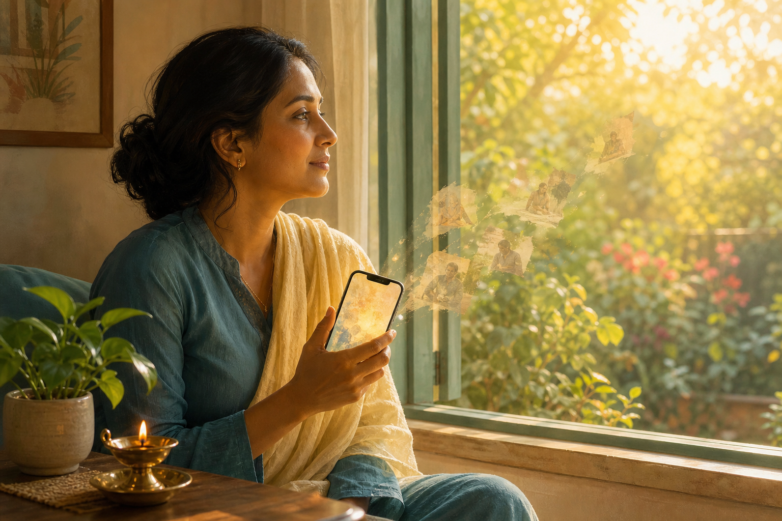 A contemplative adult sits by a sunlit window holding a smartphone as faint memory-like images dissolve toward a garden.