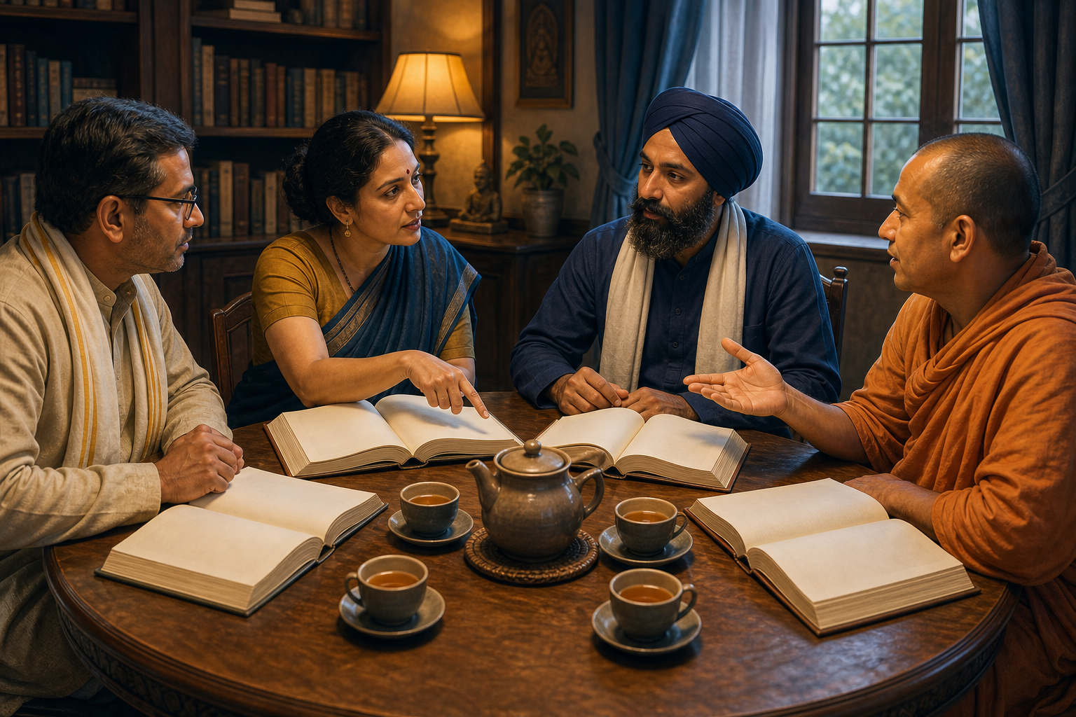 Four people discuss open reference books around a table while listening calmly and sharing tea.